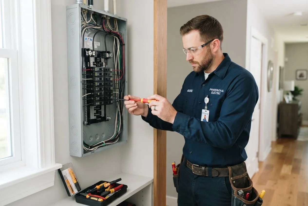 A master electrician working carefully on a residential electrical breaker panel.