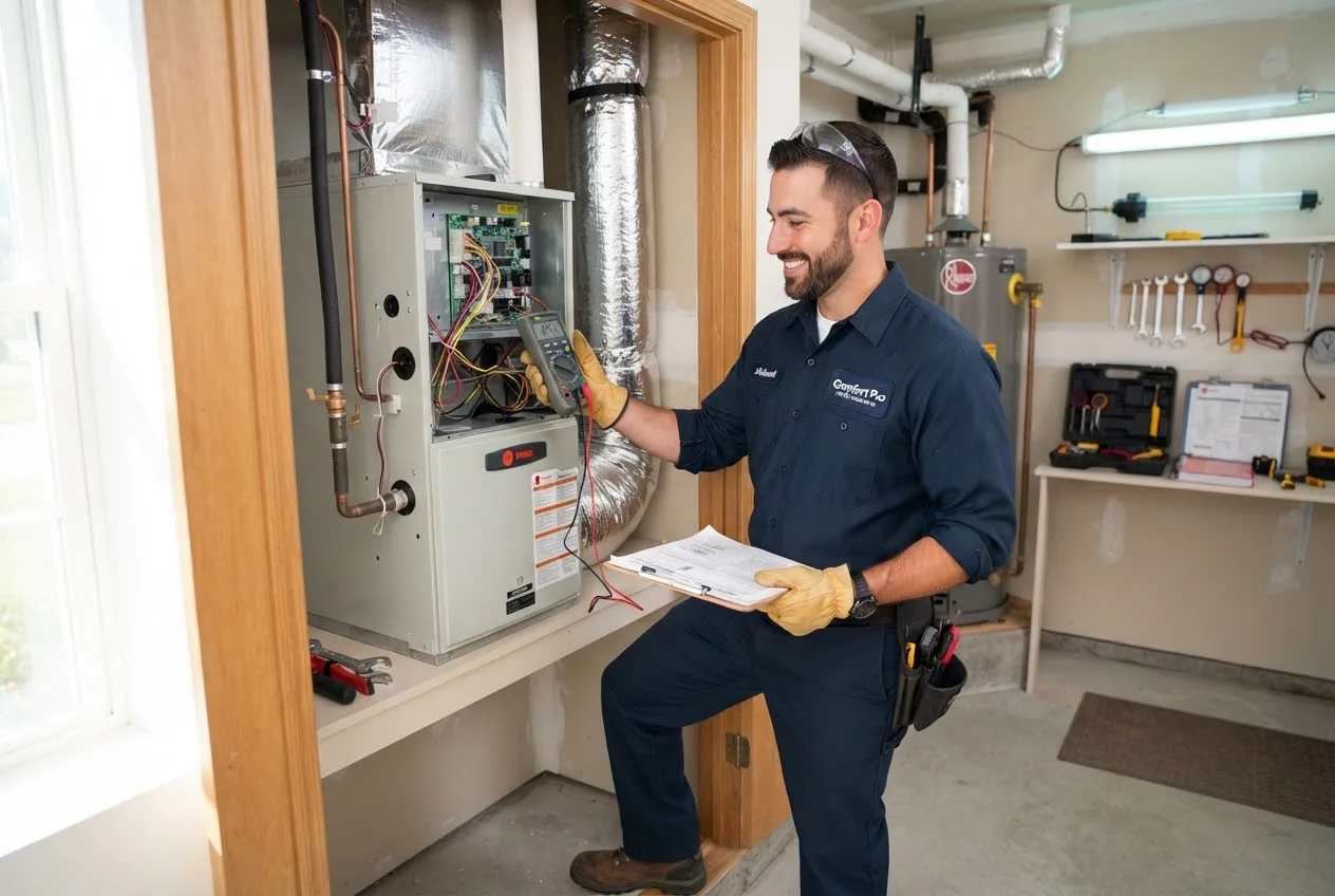 A professional HVAC technician kneeling next to an open residential furnace unit, holding a multimeter and inspecting the wiring.
