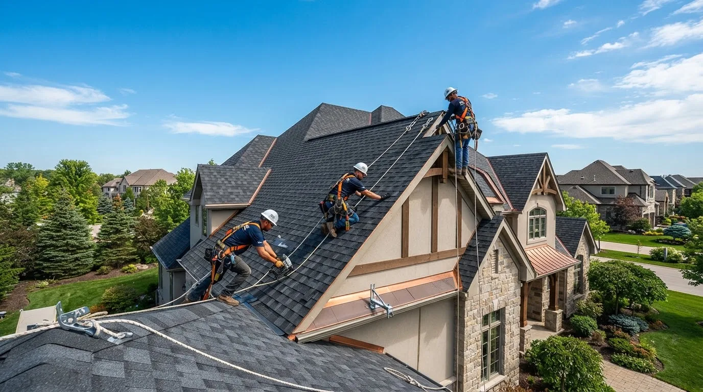 A professional roofer standing confidently on a residential roof against a bright blue sky.