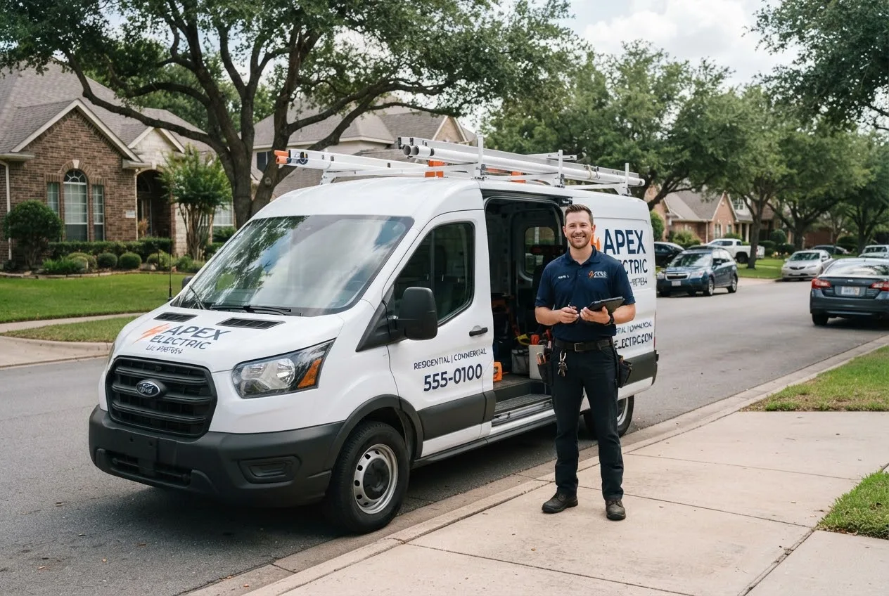 Professional trade team with service vehicle