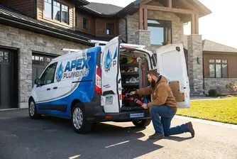 A branded work van for Apex Plumbing displaying the company name and plumbing services.
